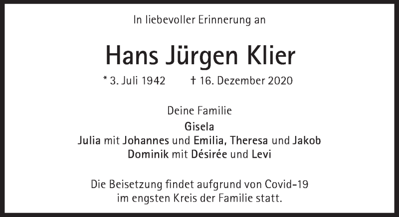  Traueranzeige für Hans Jürgen Klier vom 19.12.2020 aus Süddeutsche Zeitung