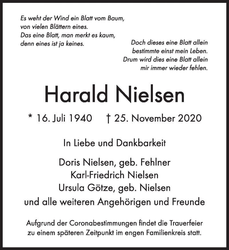  Traueranzeige für Harald Nielsen vom 05.12.2020 aus Süddeutsche Zeitung