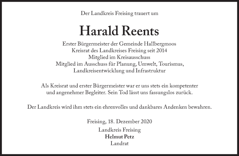  Traueranzeige für Harald Reents vom 18.12.2020 aus Süddeutsche Zeitung