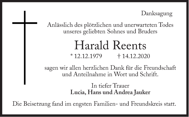  Traueranzeige für Harald Reents vom 30.12.2020 aus Süddeutsche Zeitung