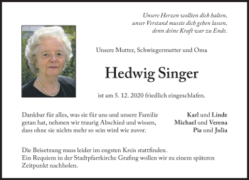 Traueranzeige von Hedwig Singer von Süddeutsche Zeitung