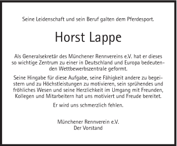 Traueranzeige von Horst Lappe von Süddeutsche Zeitung