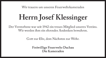 Traueranzeige von Josef Klessinger von Süddeutsche Zeitung