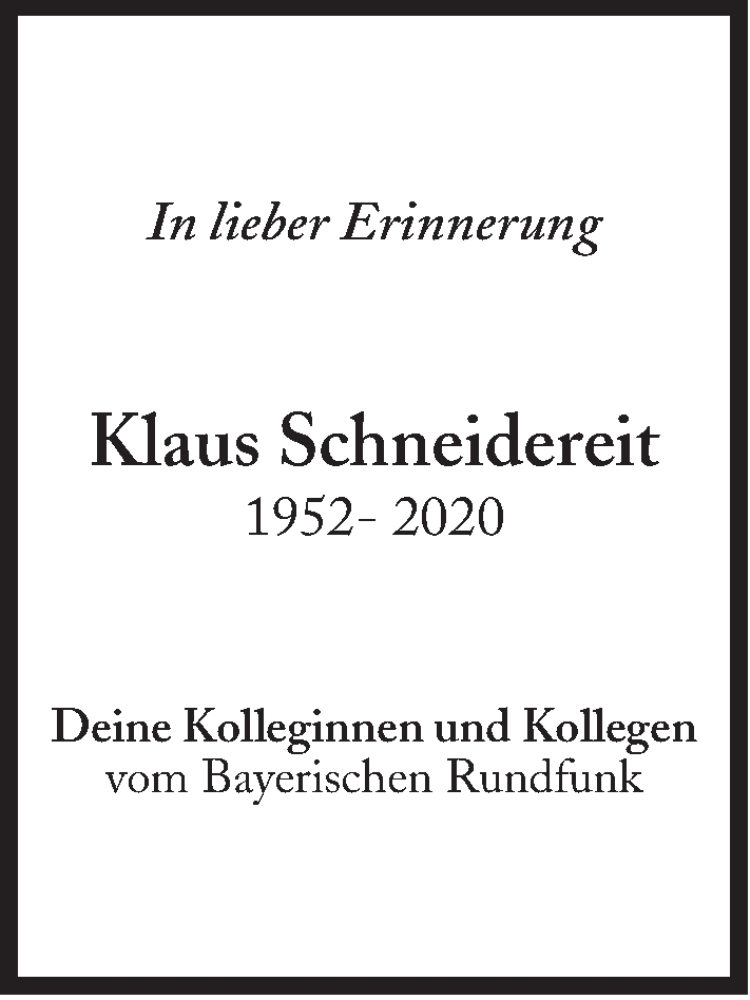  Traueranzeige für Klaus Schneidereit vom 08.12.2020 aus Süddeutsche Zeitung