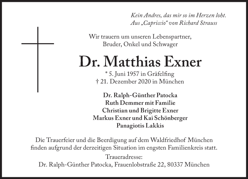  Traueranzeige für Matthias Exner vom 24.12.2020 aus Süddeutsche Zeitung