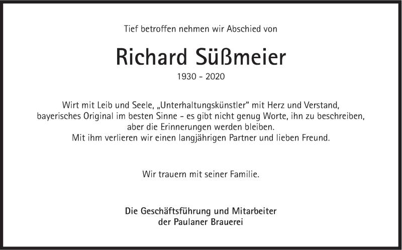  Traueranzeige für Richard Süßmeier vom 03.12.2020 aus Süddeutsche Zeitung