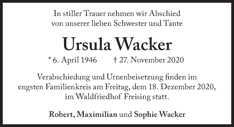  Traueranzeige für Ursula Wacker vom 15.12.2020 aus Süddeutsche Zeitung