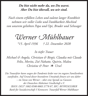 Traueranzeige von Werner Mühlbauer von Süddeutsche Zeitung