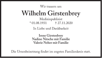 Traueranzeige von Wilhelm Girstenbrey von Süddeutsche Zeitung