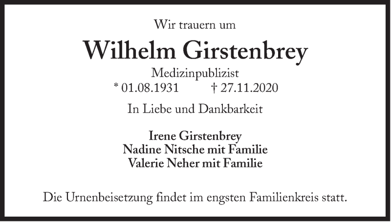  Traueranzeige für Wilhelm Girstenbrey vom 05.12.2020 aus Süddeutsche Zeitung