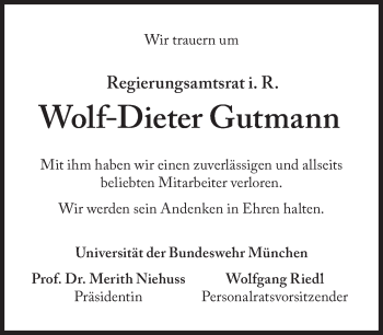 Traueranzeige von Wolf-Dieter Gutmann von Süddeutsche Zeitung