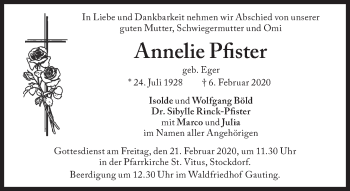 Traueranzeige von Annelie Pfister von Süddeutsche Zeitung