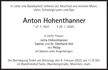 Traueranzeige von Anton Hohenthanner von Süddeutsche Zeitung