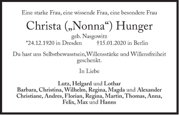 Traueranzeige von Christa Hunger von Süddeutsche Zeitung