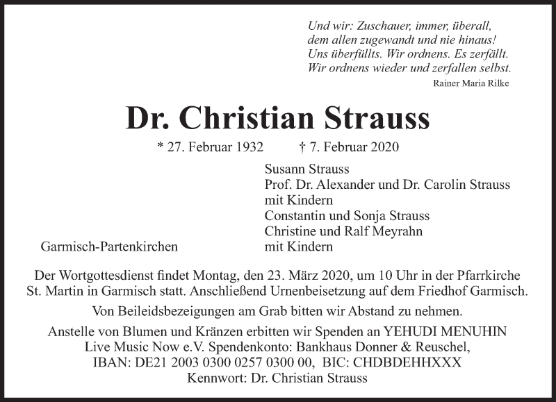  Traueranzeige für Christian Strauss vom 15.02.2020 aus Süddeutsche Zeitung