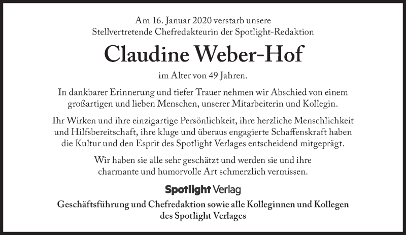  Traueranzeige für Claudine Weber-Hof vom 25.01.2020 aus Süddeutsche Zeitung