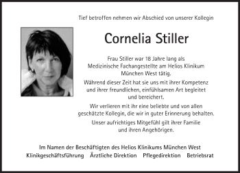 Traueranzeige von Cornelia Stiller von Süddeutsche Zeitung