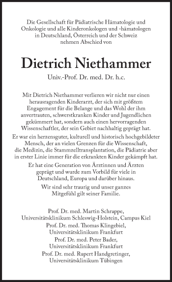 Traueranzeige von Dietrich Niethammer von Süddeutsche Zeitung