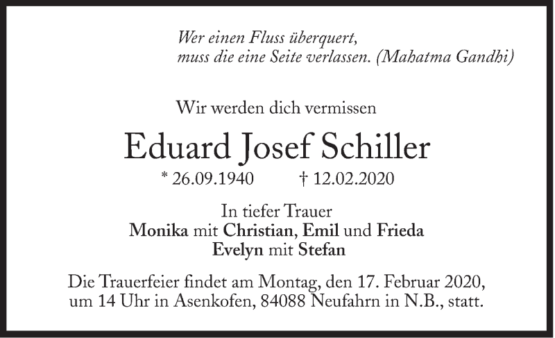  Traueranzeige für Eduard Josef Schiller vom 15.02.2020 aus Süddeutsche Zeitung