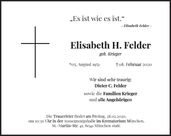 Traueranzeige von Elisabeth H. Felder von Süddeutsche Zeitung