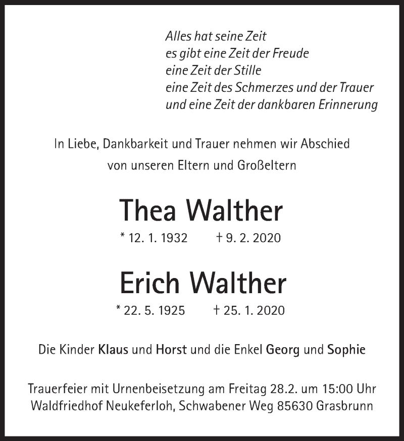  Traueranzeige für Erich Walther vom 15.02.2020 aus Süddeutsche Zeitung