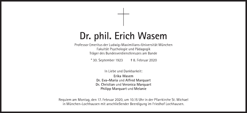  Traueranzeige für Erich Wasem vom 12.02.2020 aus Süddeutsche Zeitung