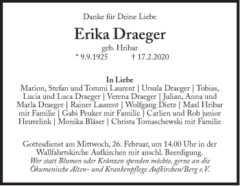 Traueranzeige von Erika Draeger von Süddeutsche Zeitung