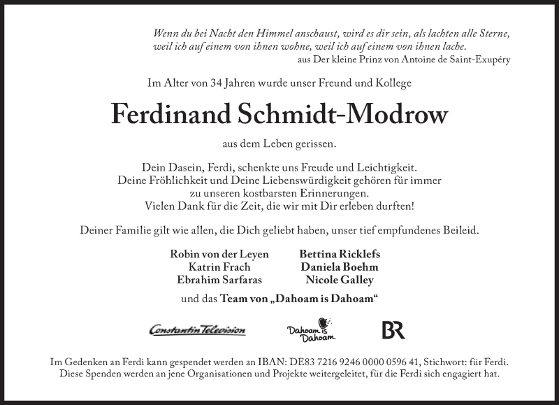  Traueranzeige für Ferdinand Schmidt-Modrow vom 24.01.2020 aus Süddeutsche Zeitung