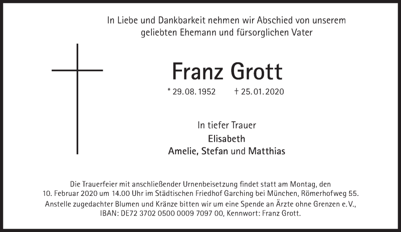  Traueranzeige für Franz Grott vom 01.02.2020 aus Süddeutsche Zeitung