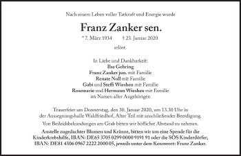 Traueranzeige von Franz Zanker von Süddeutsche Zeitung