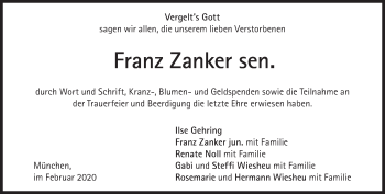 Traueranzeige von Franz Zanker von Süddeutsche Zeitung