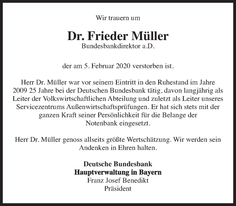  Traueranzeige für Frieder Müller vom 19.02.2020 aus Süddeutsche Zeitung
