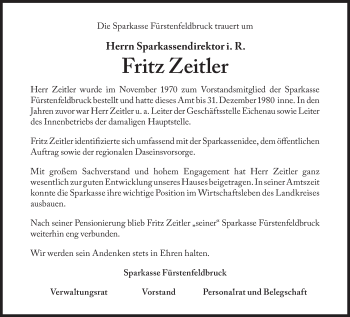 Traueranzeige von Fritz Zeitler von Süddeutsche Zeitung