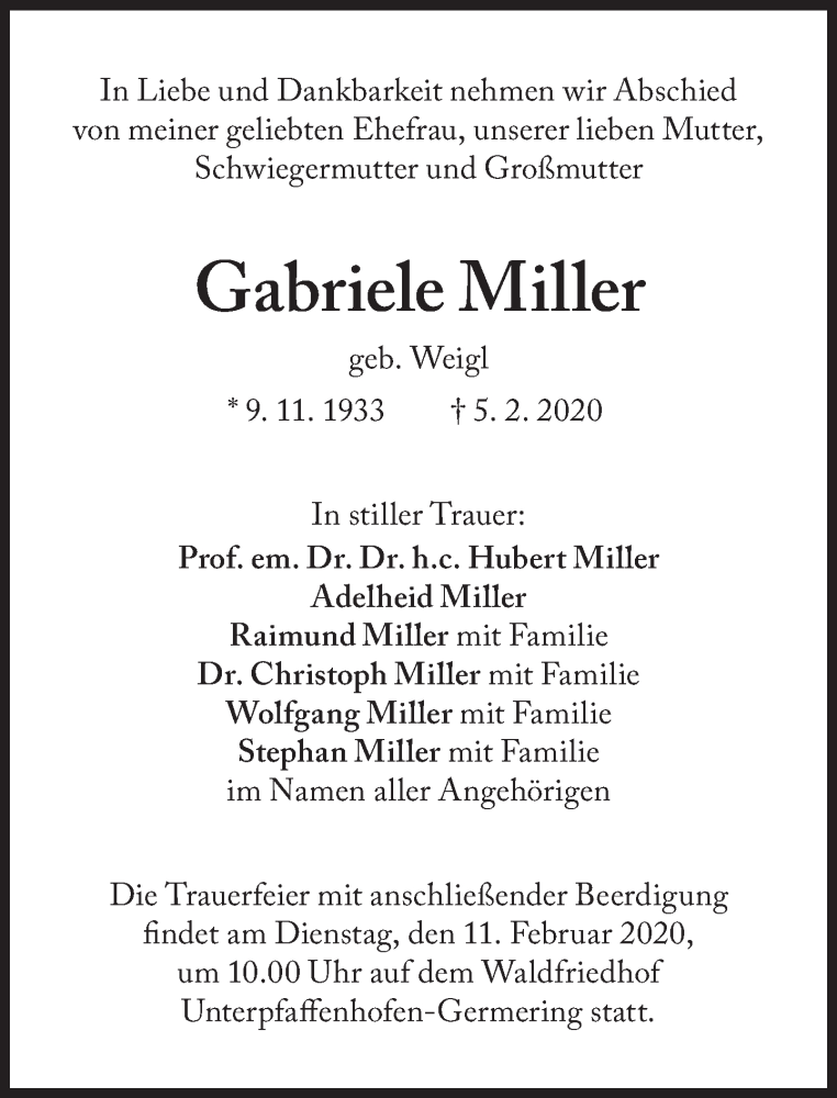  Traueranzeige für Gabriele Miller vom 10.02.2020 aus Süddeutsche Zeitung