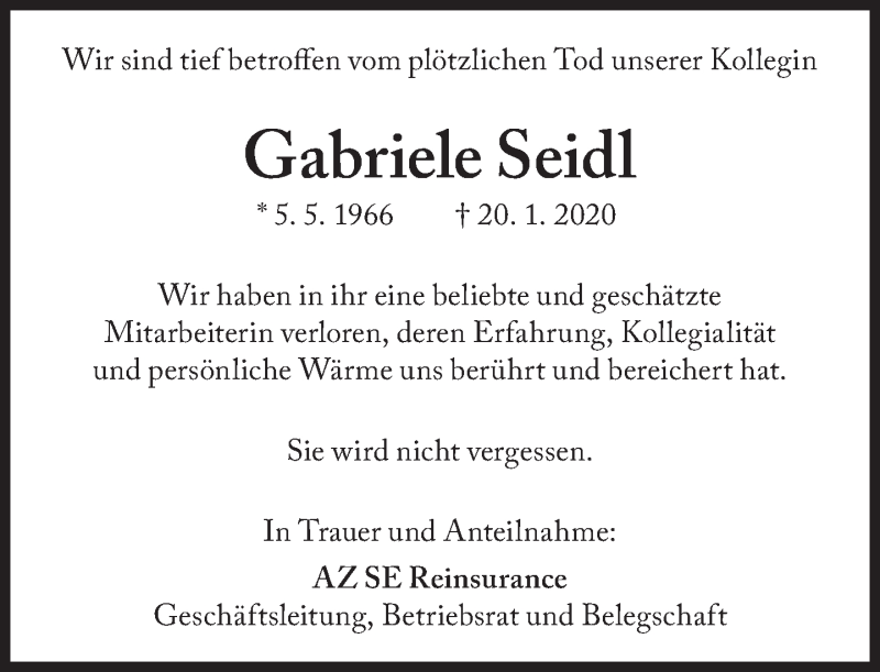  Traueranzeige für Gabriele Seidl vom 12.02.2020 aus Süddeutsche Zeitung