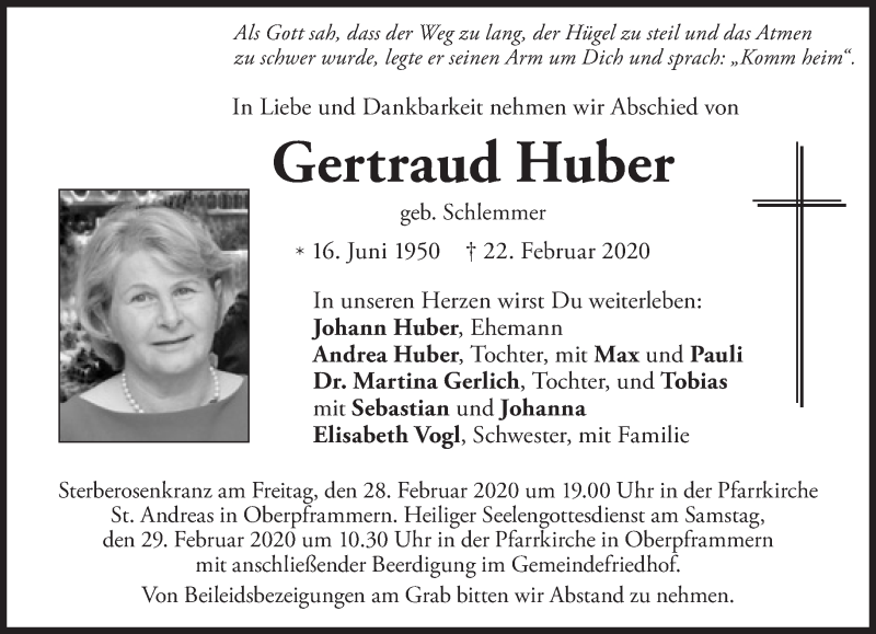  Traueranzeige für Gertraud Huber vom 26.02.2020 aus Süddeutsche Zeitung