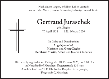 Traueranzeige von Gertraud Juraschek von Süddeutsche Zeitung