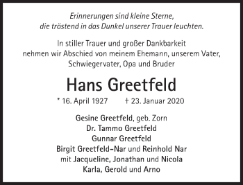 Traueranzeige von Hans Greetfeld von Süddeutsche Zeitung