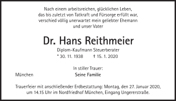 Traueranzeige von Hans Reithmeier von Süddeutsche Zeitung