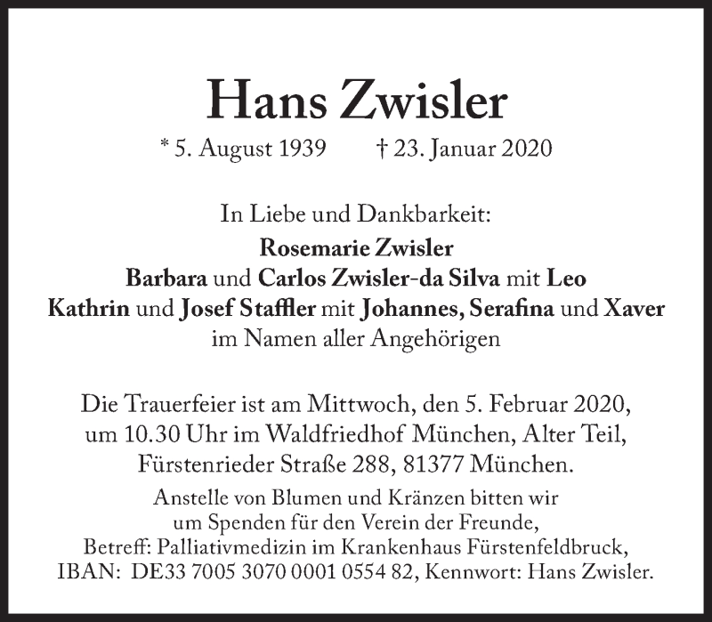  Traueranzeige für Hans Zwisler vom 30.01.2020 aus Süddeutsche Zeitung