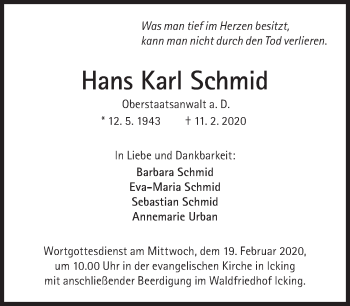 Traueranzeige von Hans Karl Schmid von Süddeutsche Zeitung