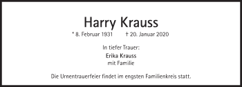 Traueranzeige von Harry Krauss von Süddeutsche Zeitung