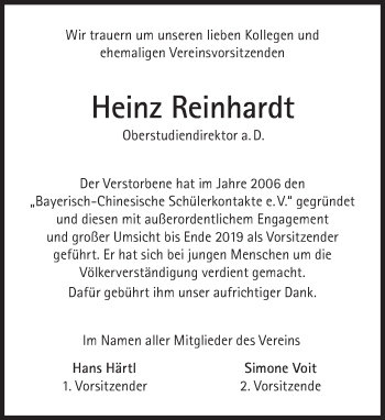 Traueranzeige von Heinz Reinhardt von Süddeutsche Zeitung