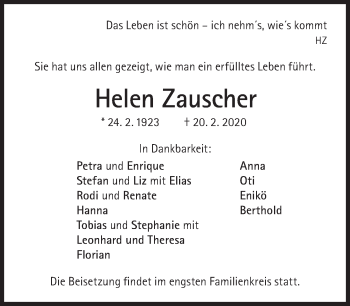 Traueranzeige von Helen Zauscher von Süddeutsche Zeitung