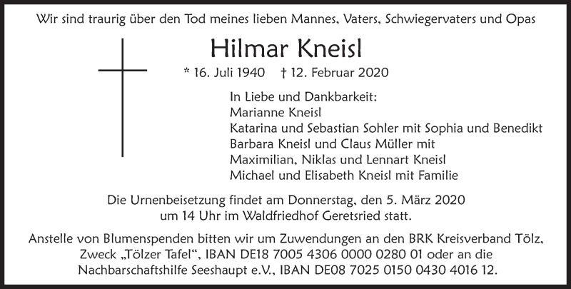  Traueranzeige für Hilmar Kneisl vom 29.02.2020 aus Süddeutsche Zeitung