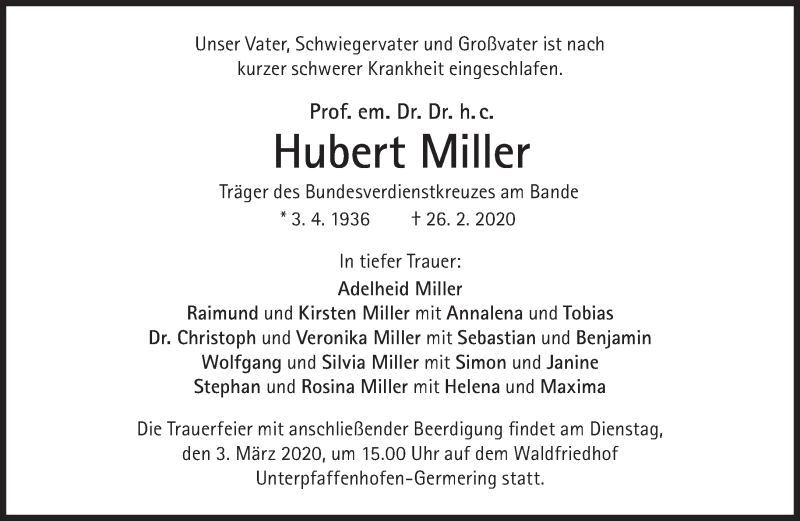  Traueranzeige für Hubert Miller vom 29.02.2020 aus Süddeutsche Zeitung