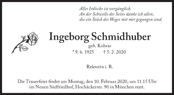 Traueranzeige von Ingeborg Schmidhuber von Süddeutsche Zeitung