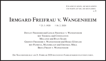 Traueranzeige von Irmgard Freifrau v. Wangenheim von Süddeutsche Zeitung