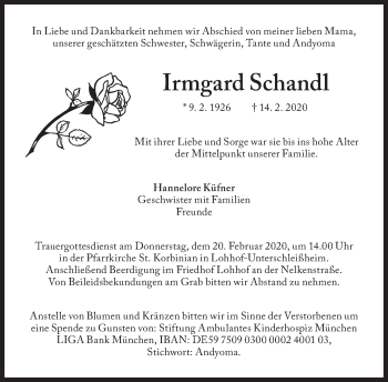 Traueranzeige von Irmgard Schandl von Süddeutsche Zeitung
