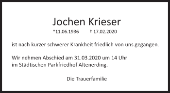 Traueranzeige von Jochen Krieser von Süddeutsche Zeitung